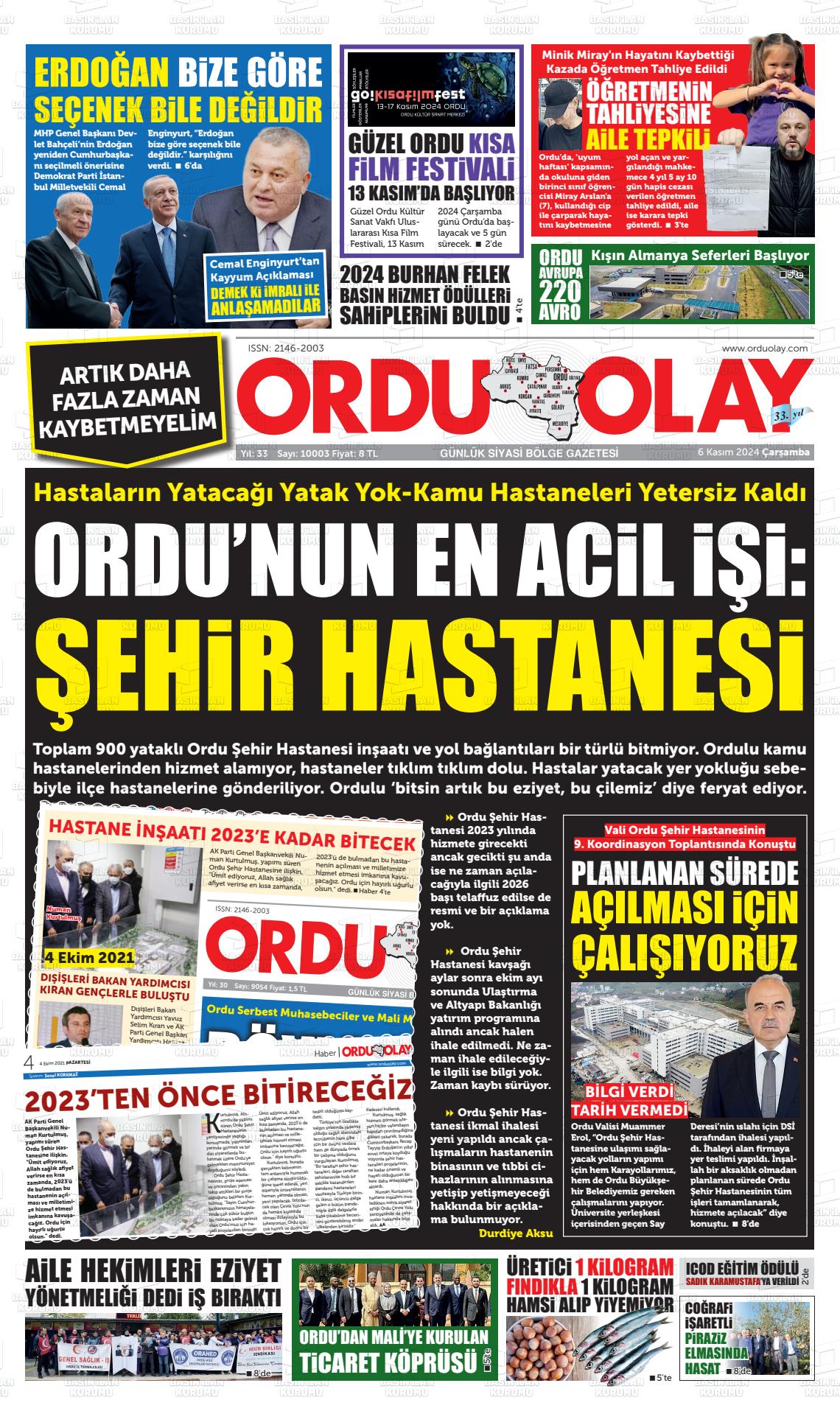 06 Kasım 2024 Ordu Olay Gazete Manşeti