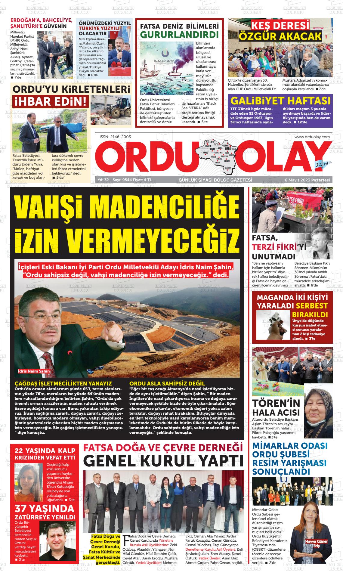 08 Mayıs 2023 Ordu Olay Gazete Manşeti