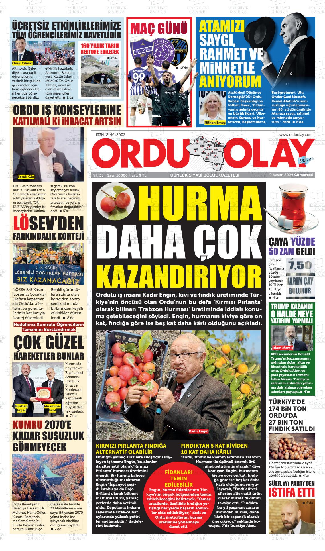 09 Kasım 2024 Ordu Olay Gazete Manşeti