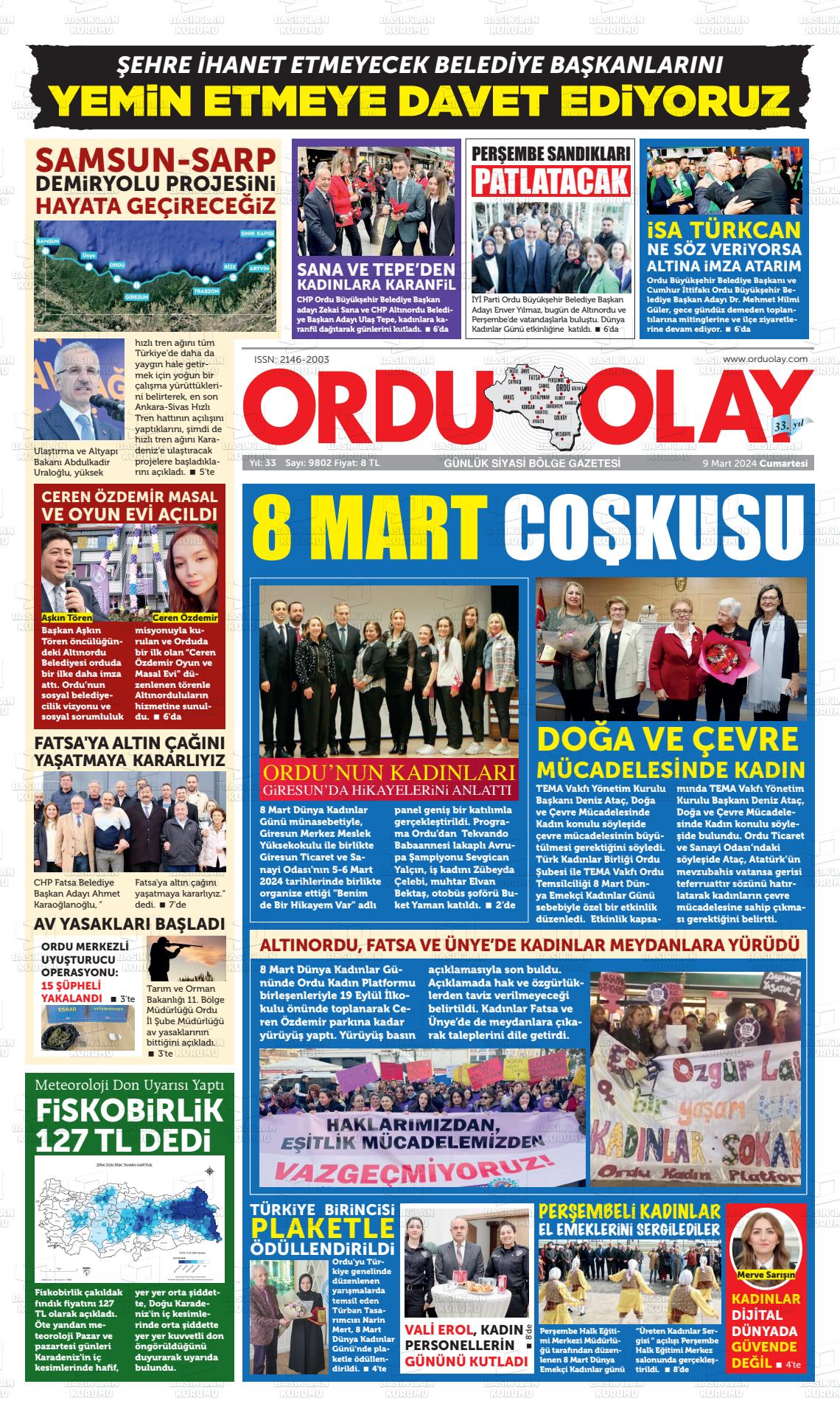 09 Mart 2024 Ordu Olay Gazete Manşeti