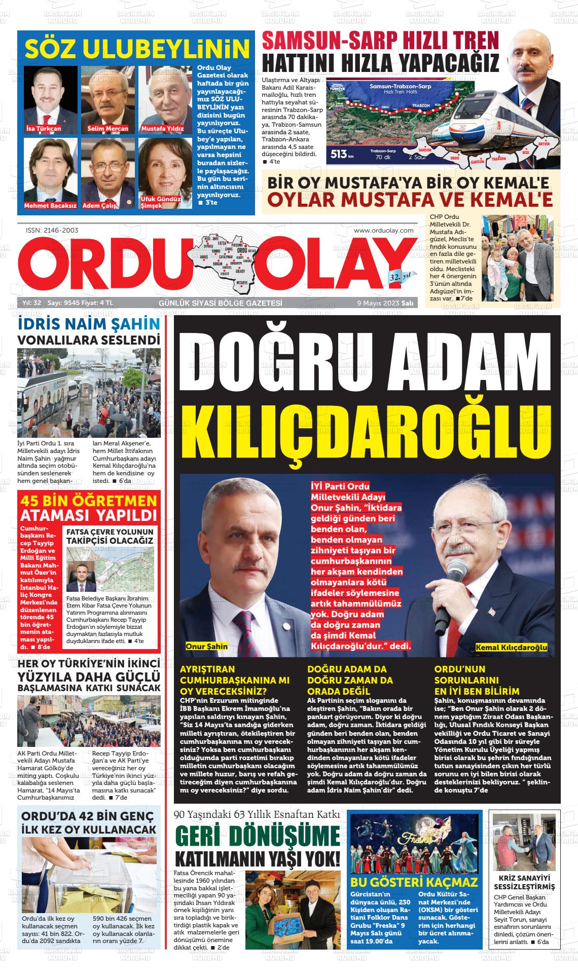 09 Mayıs 2023 Ordu Olay Gazete Manşeti