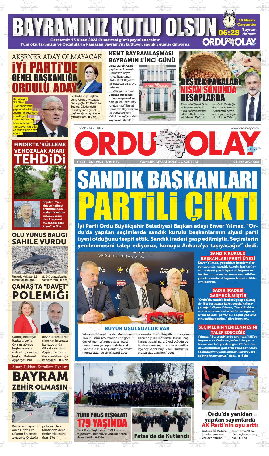 09 Nisan 2024 Ordu Olay Gazete Manşeti