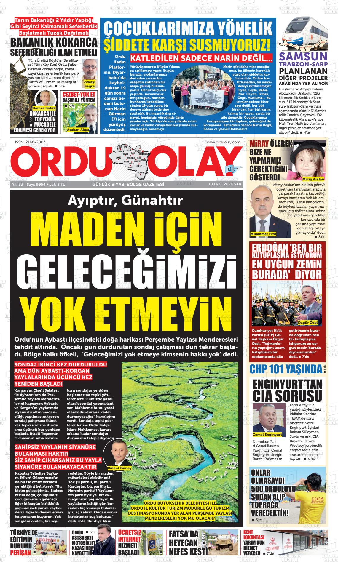 10 Eylül 2024 Ordu Olay Gazete Manşeti