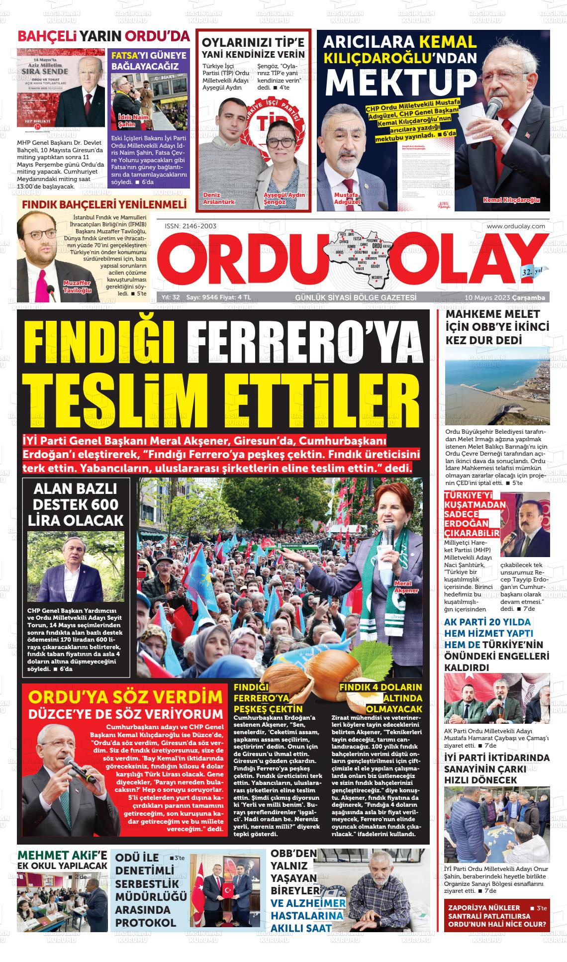 10 Mayıs 2023 Ordu Olay Gazete Manşeti