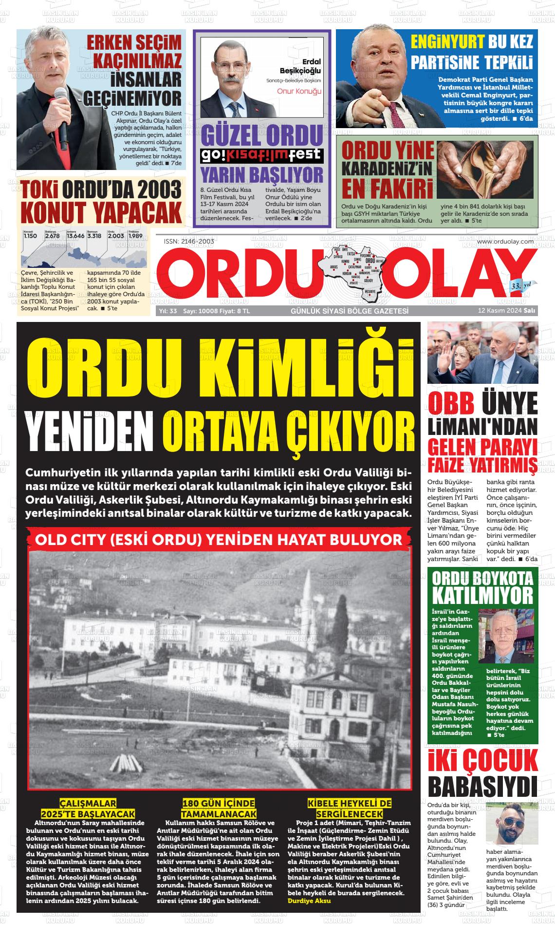 12 Kasım 2024 Ordu Olay Gazete Manşeti