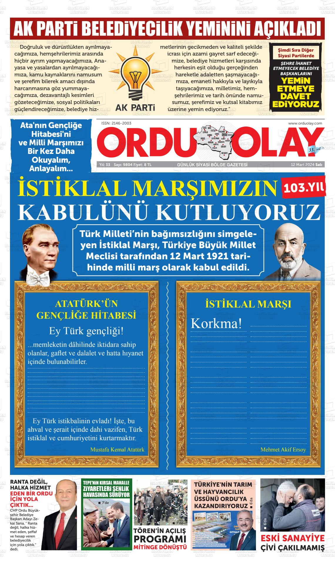 12 Mart 2024 Ordu Olay Gazete Manşeti