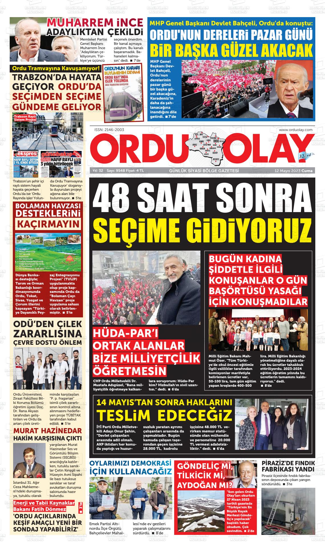 12 Mayıs 2023 Ordu Olay Gazete Manşeti