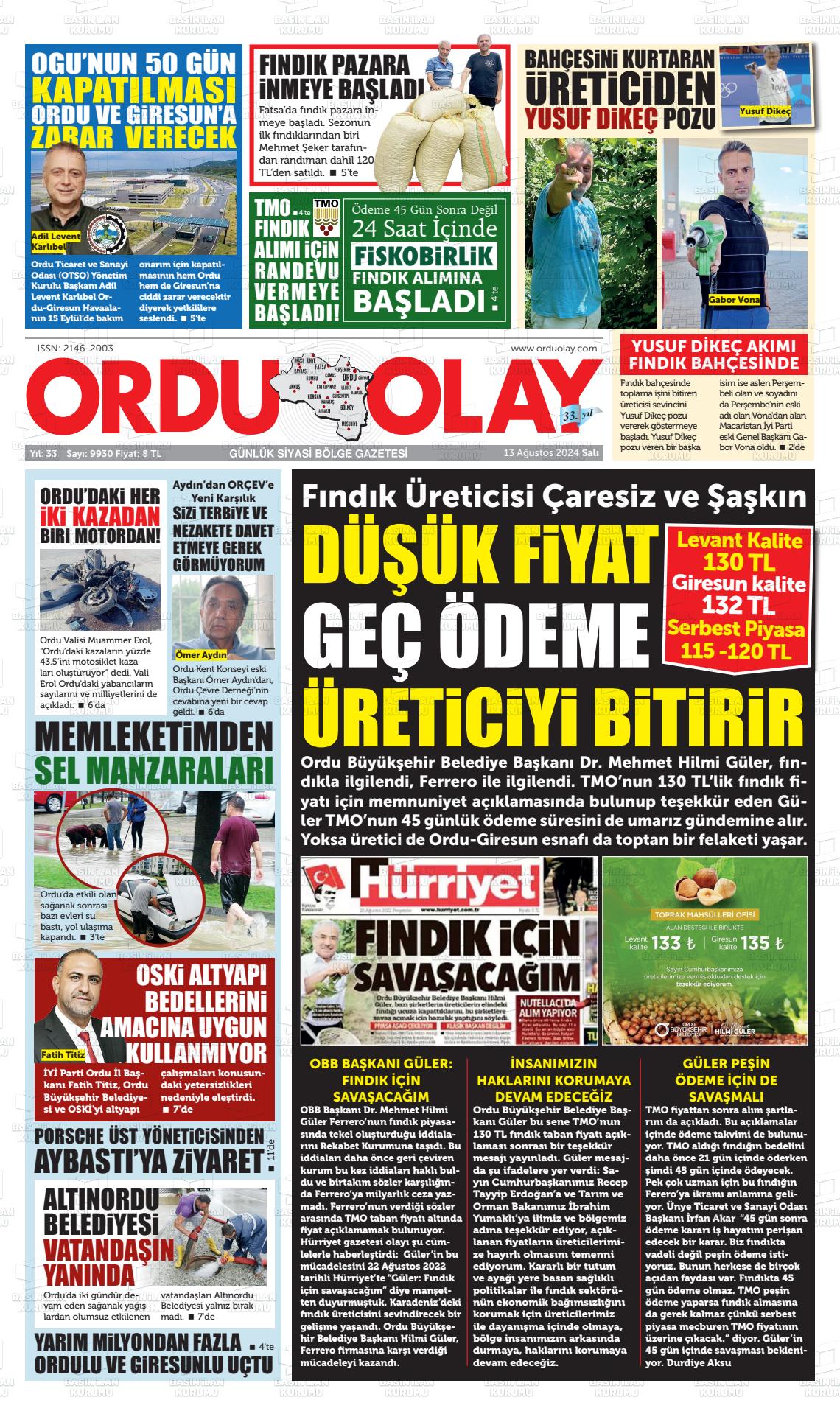 13 Ağustos 2024 Ordu Olay Gazete Manşeti