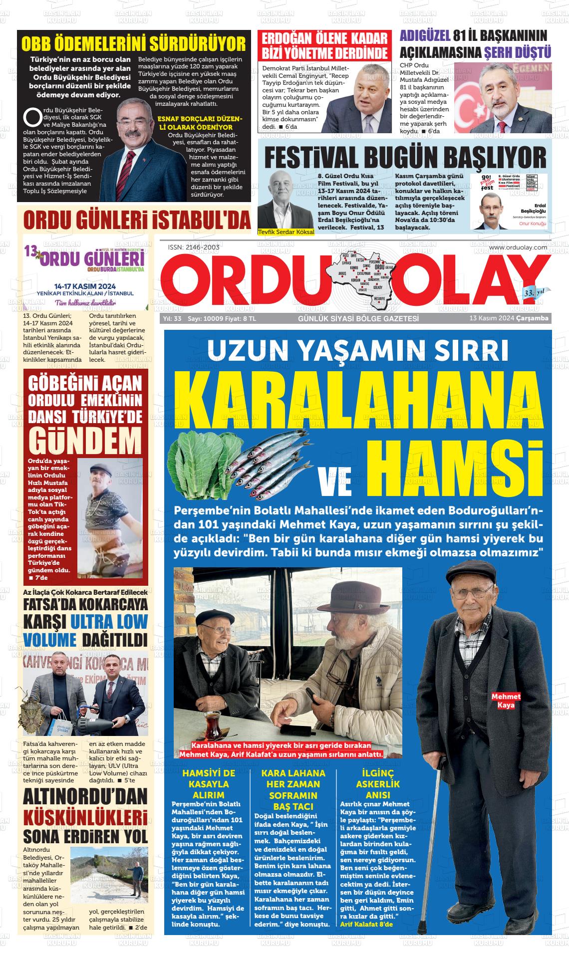 13 Kasım 2024 Ordu Olay Gazete Manşeti