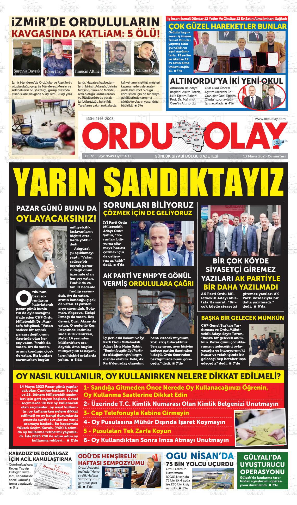 13 Mayıs 2023 Ordu Olay Gazete Manşeti