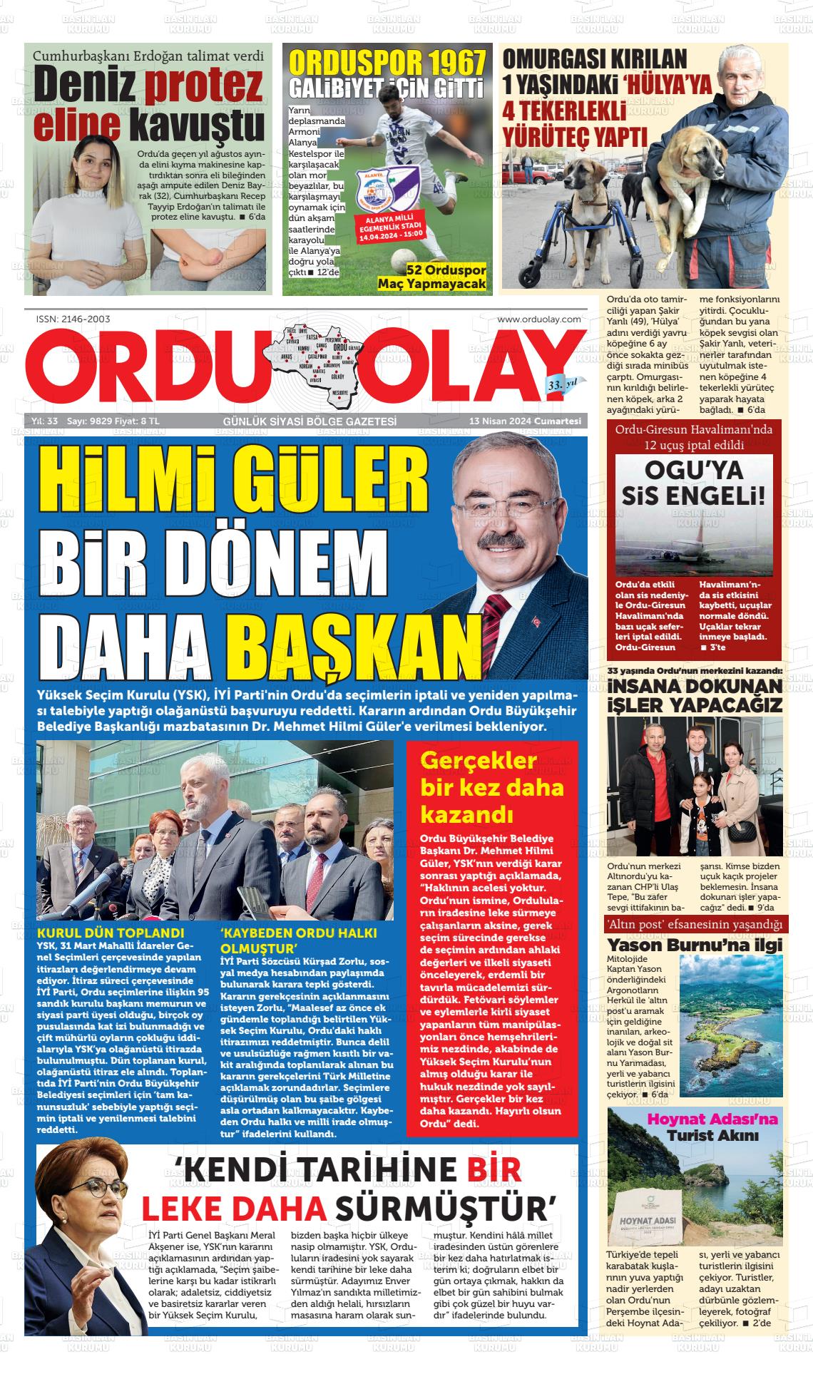 13 Nisan 2024 Ordu Olay Gazete Manşeti