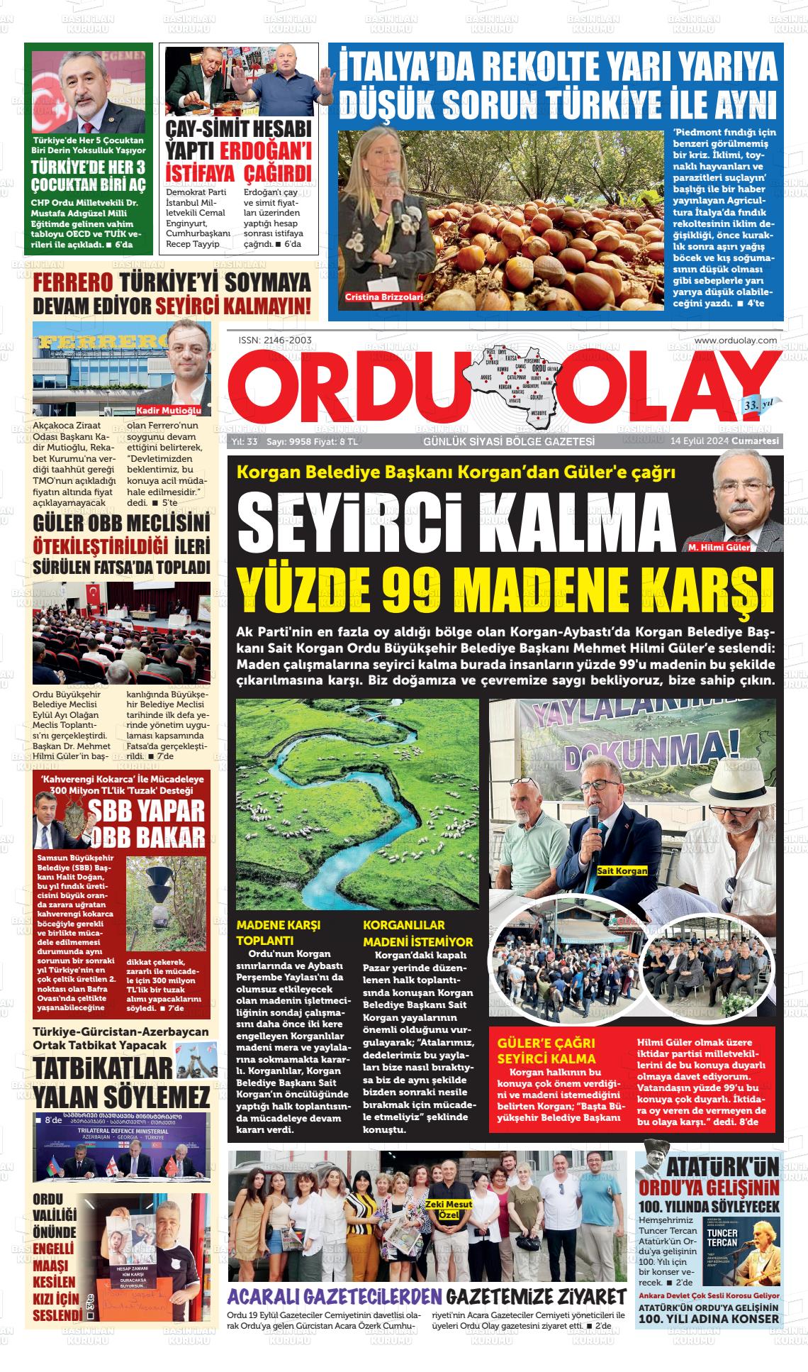 14 Eylül 2024 Ordu Olay Gazete Manşeti