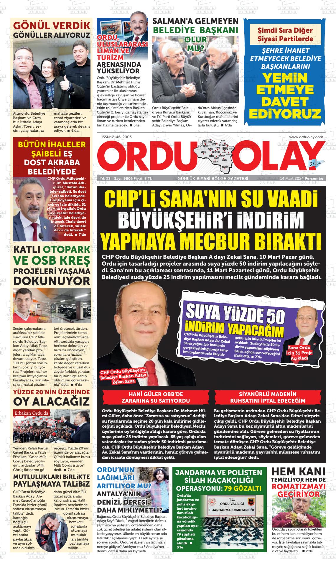 14 Mart 2024 Ordu Olay Gazete Manşeti