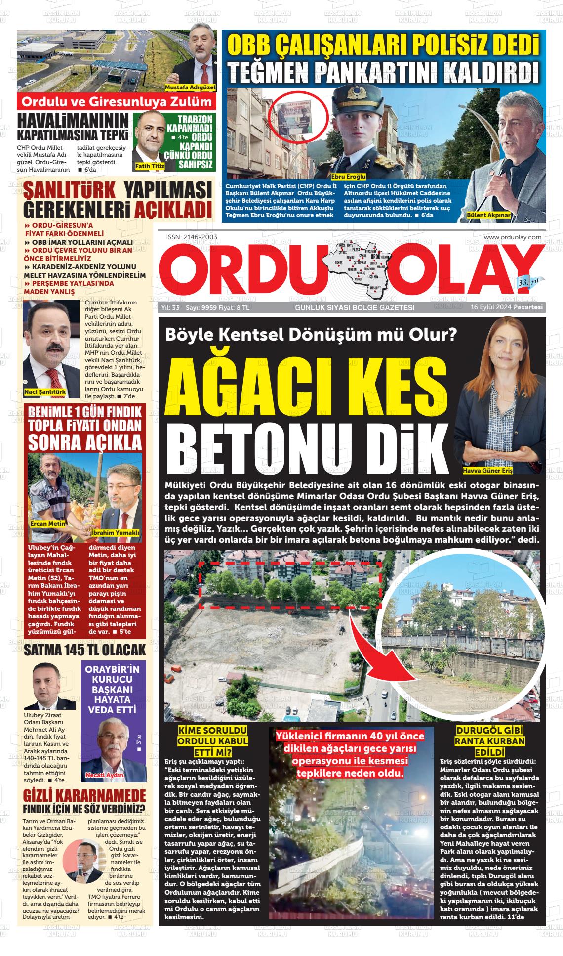 16 Eylül 2024 Ordu Olay Gazete Manşeti