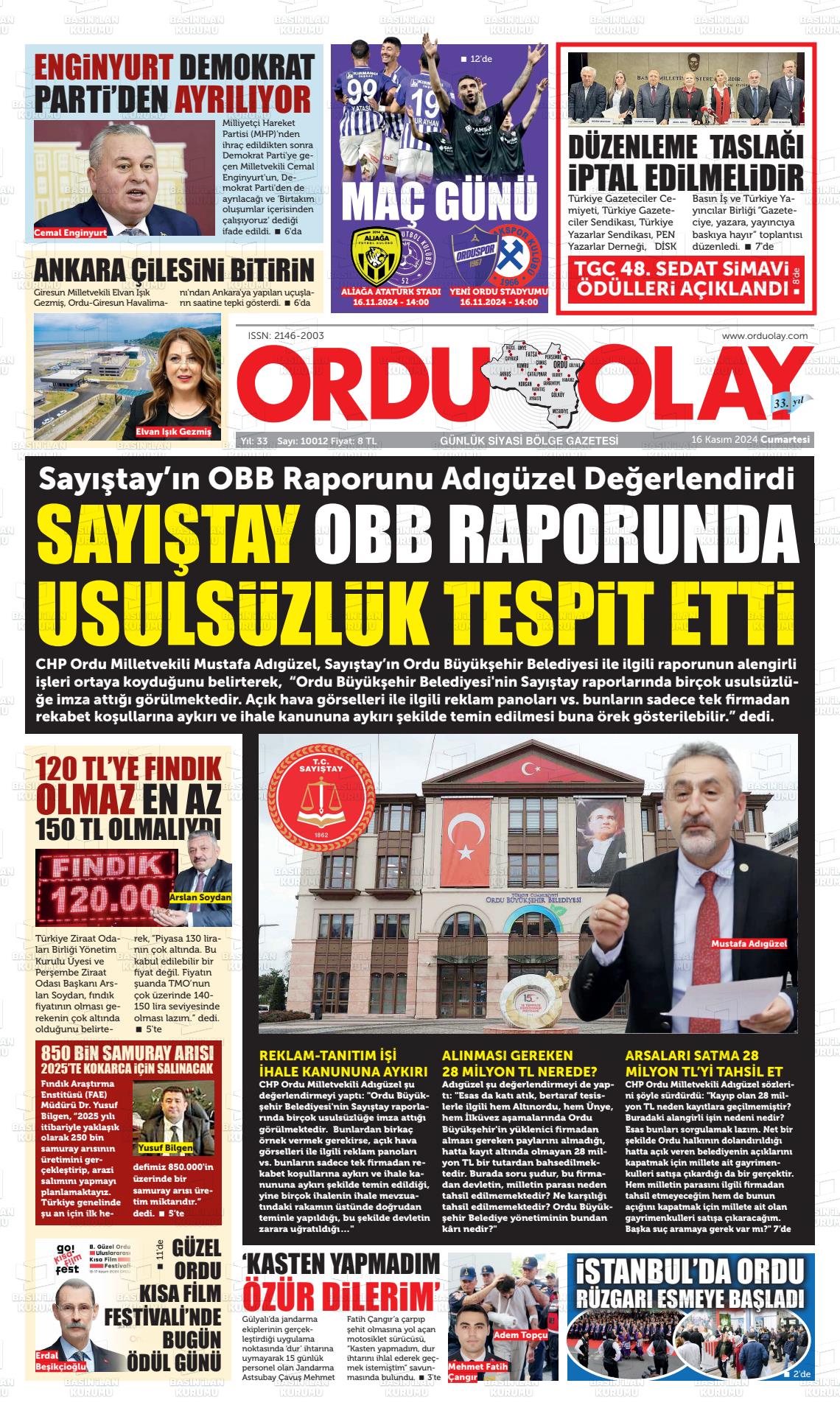 16 Kasım 2024 Ordu Olay Gazete Manşeti