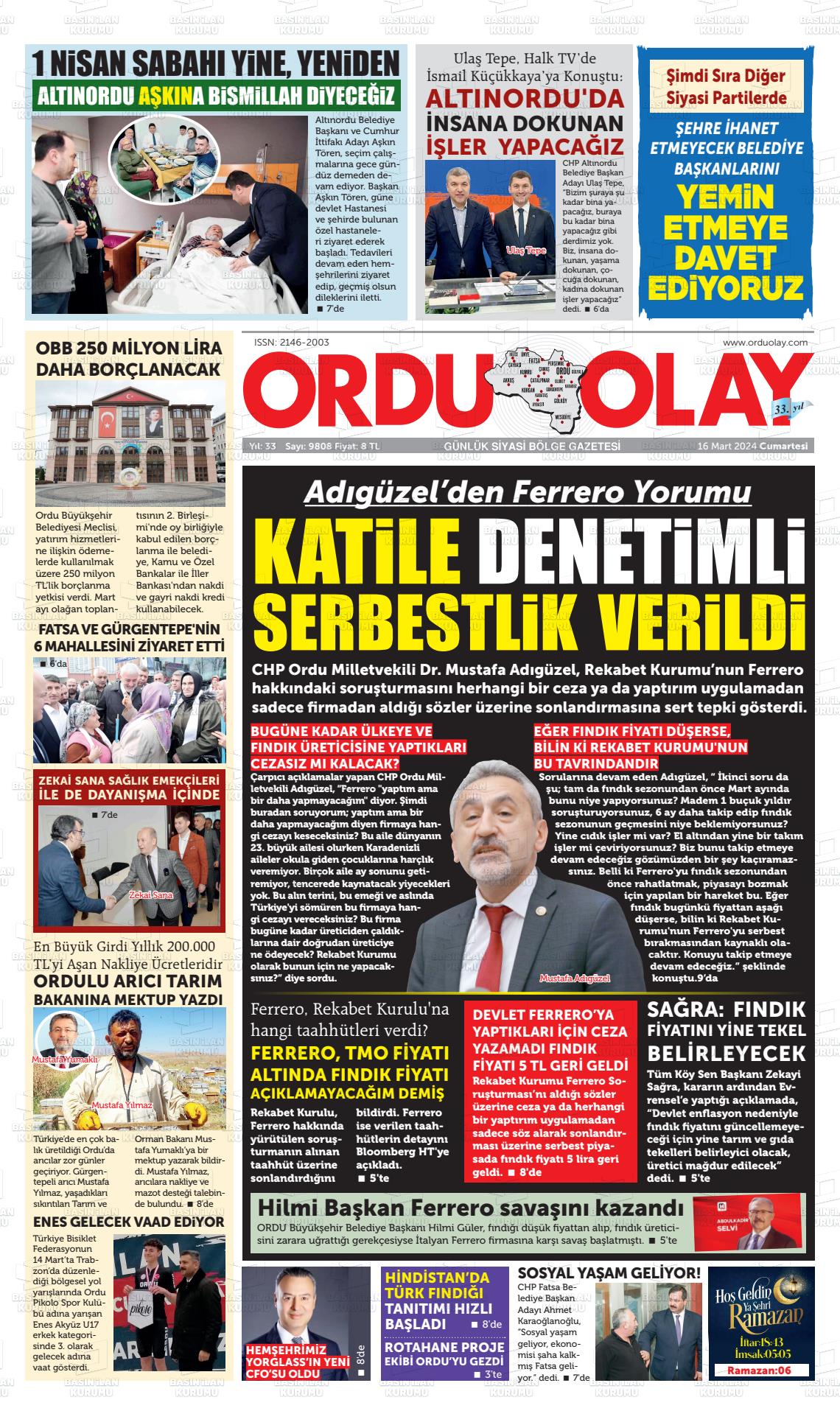 16 Mart 2024 Ordu Olay Gazete Manşeti