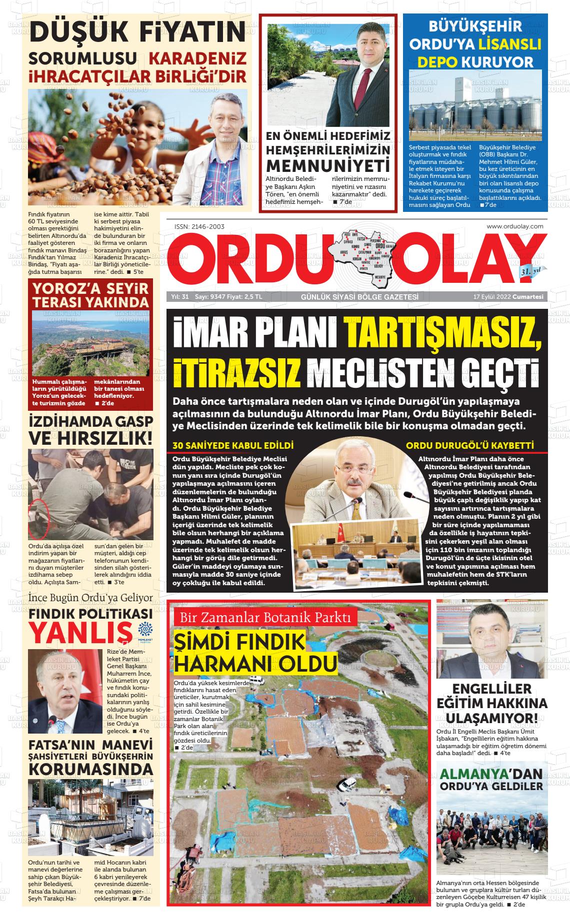 17 Eylül 2022 Ordu Olay Gazete Manşeti