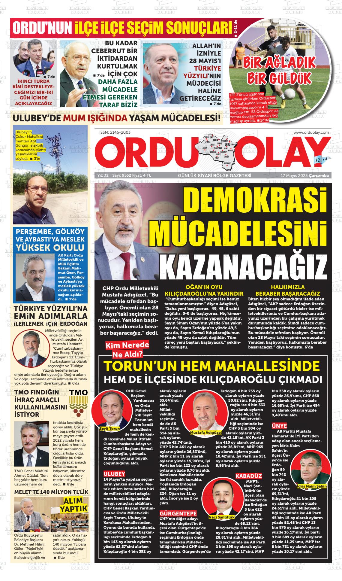 17 Mayıs 2023 Ordu Olay Gazete Manşeti