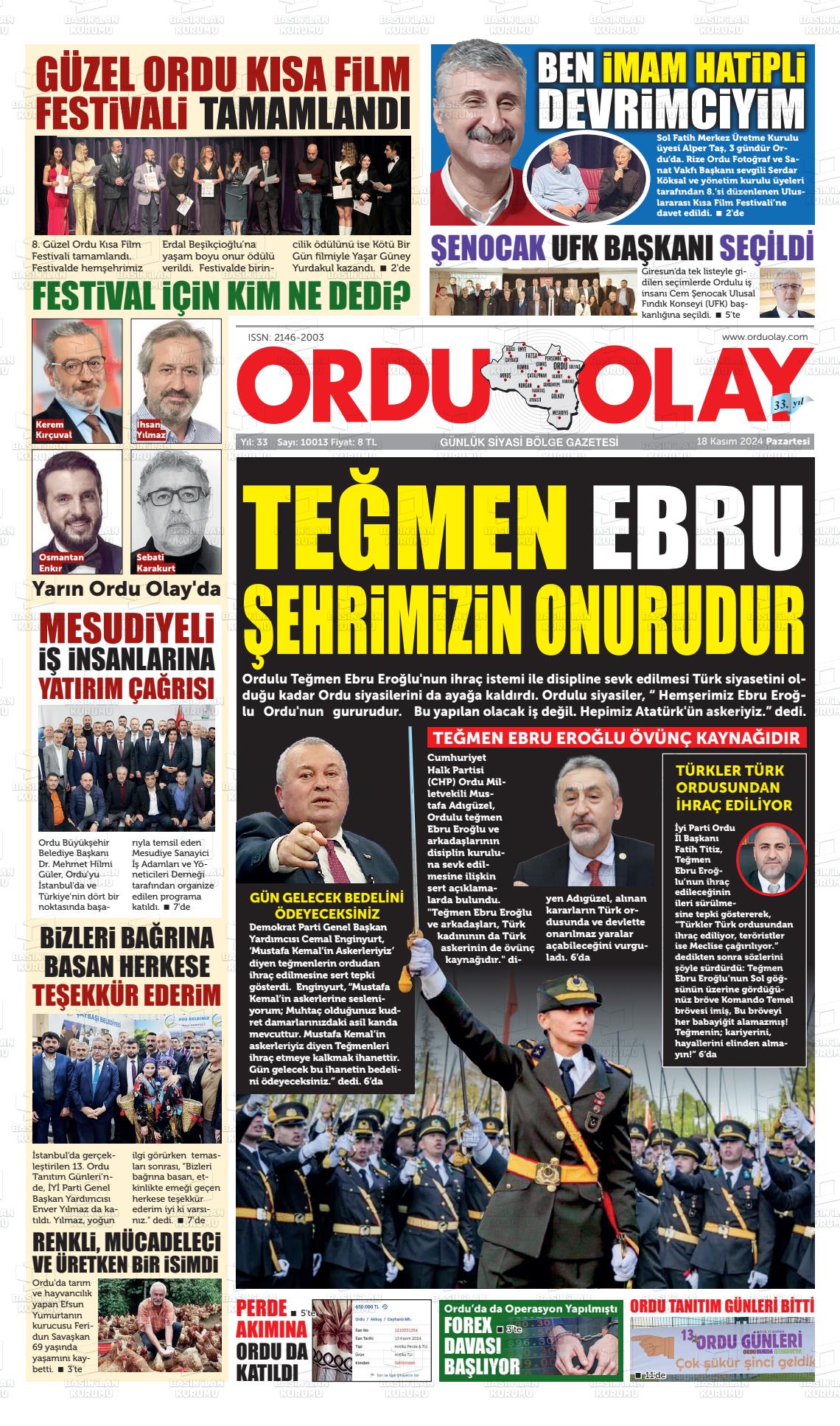 18 Kasım 2024 Ordu Olay Gazete Manşeti