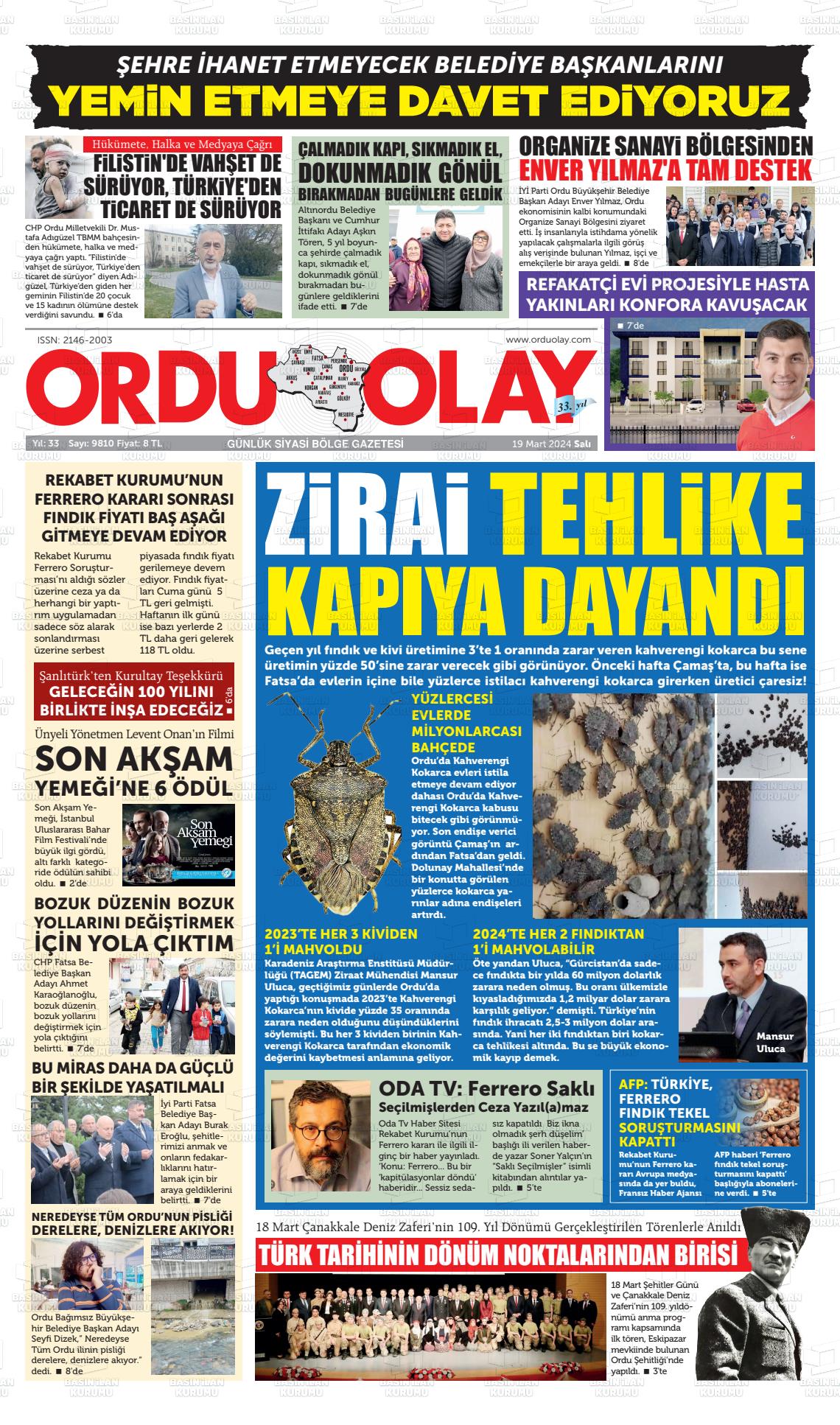 19 Mart 2024 Ordu Olay Gazete Manşeti