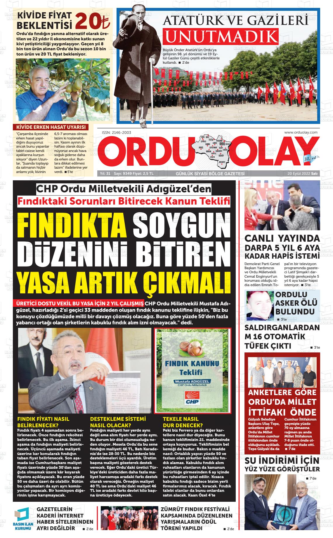 20 Eylül 2022 Ordu Olay Gazete Manşeti