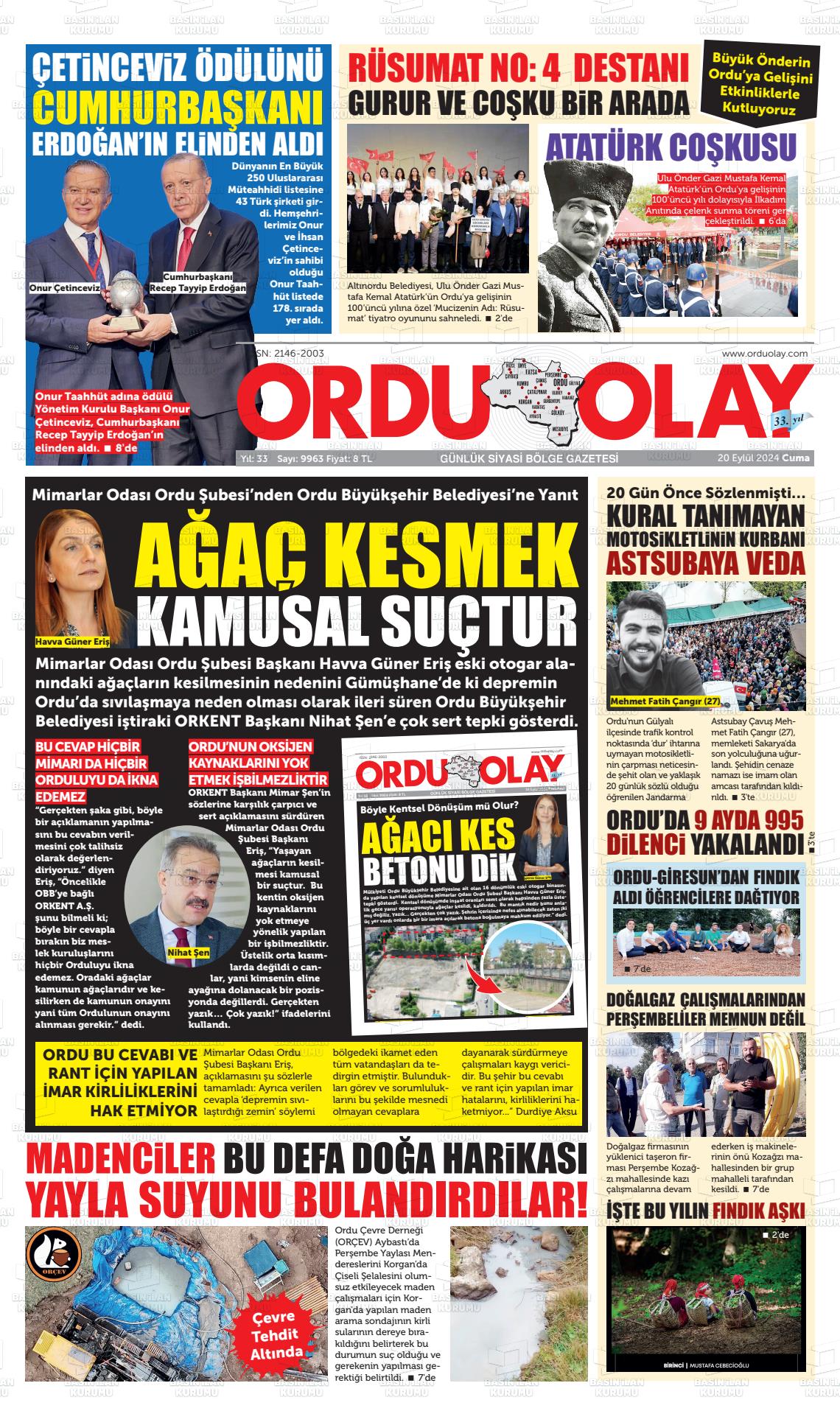 20 Eylül 2024 Ordu Olay Gazete Manşeti