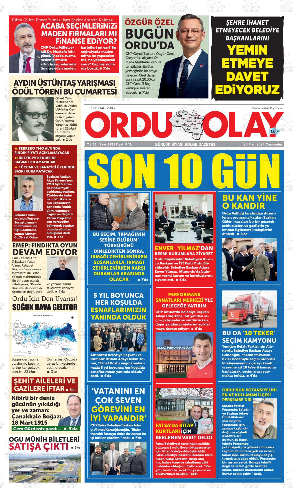 20 Mart 2024 Ordu Olay Gazete Manşeti