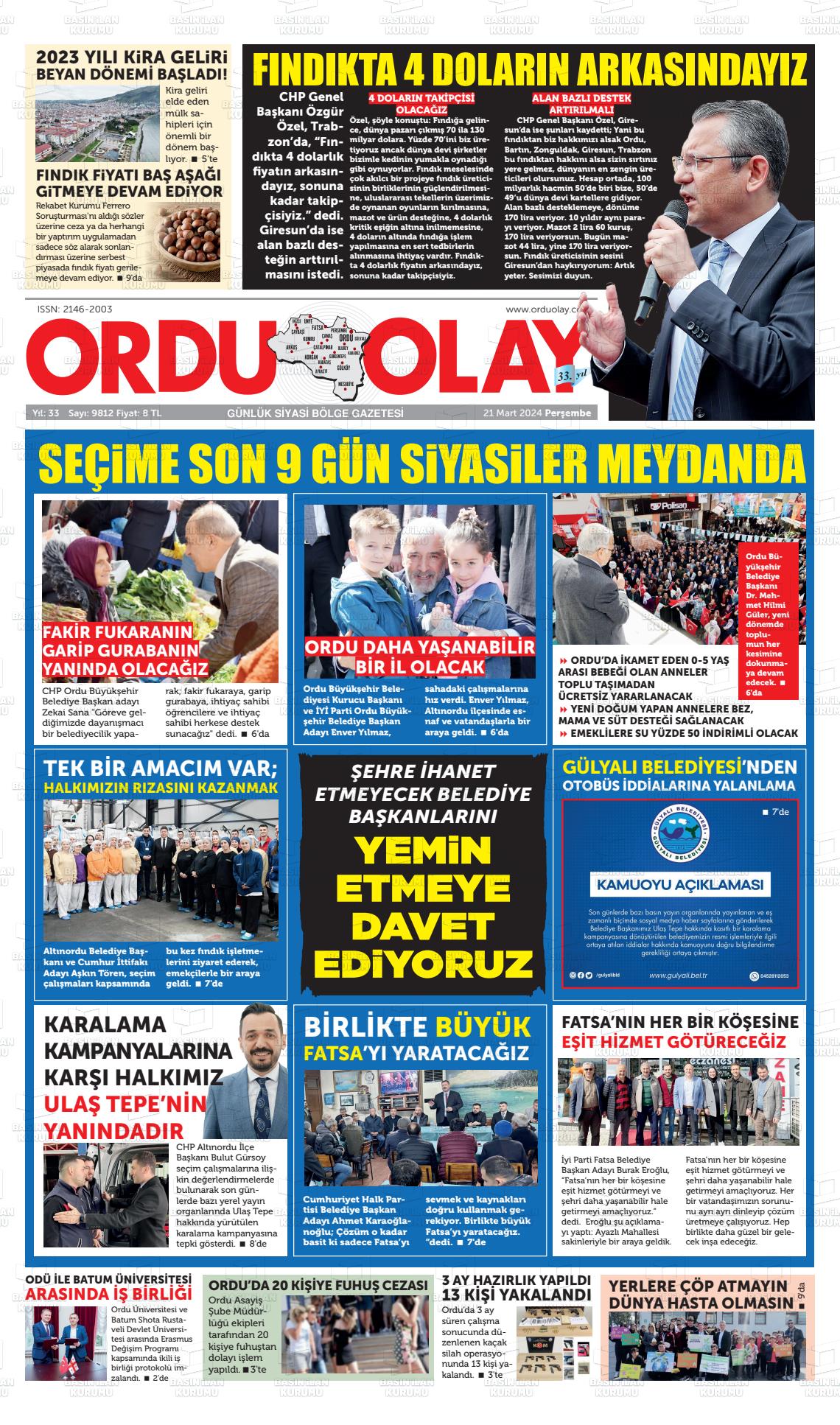 21 Mart 2024 Ordu Olay Gazete Manşeti