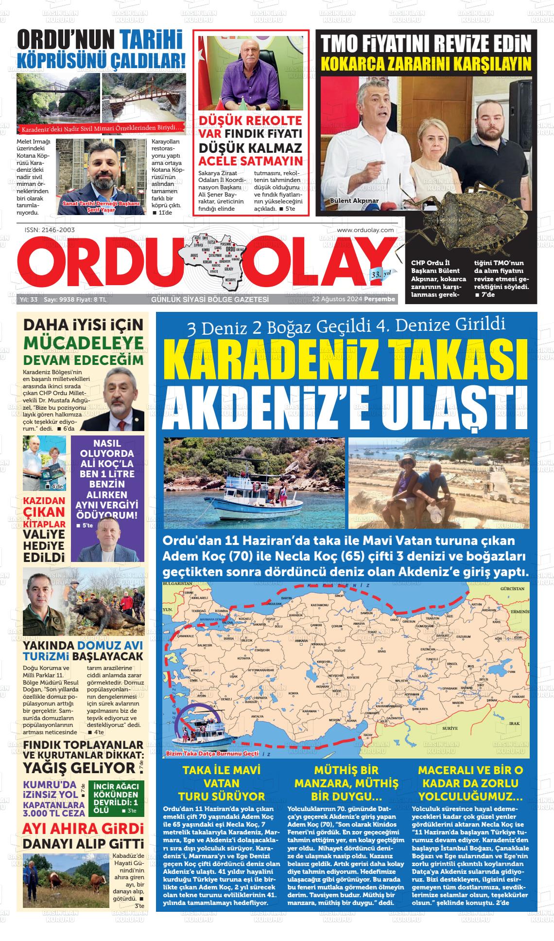 22 Ağustos 2024 Ordu Olay Gazete Manşeti