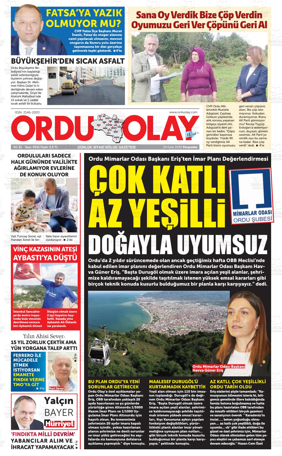 22 Eylül 2022 Ordu Olay Gazete Manşeti