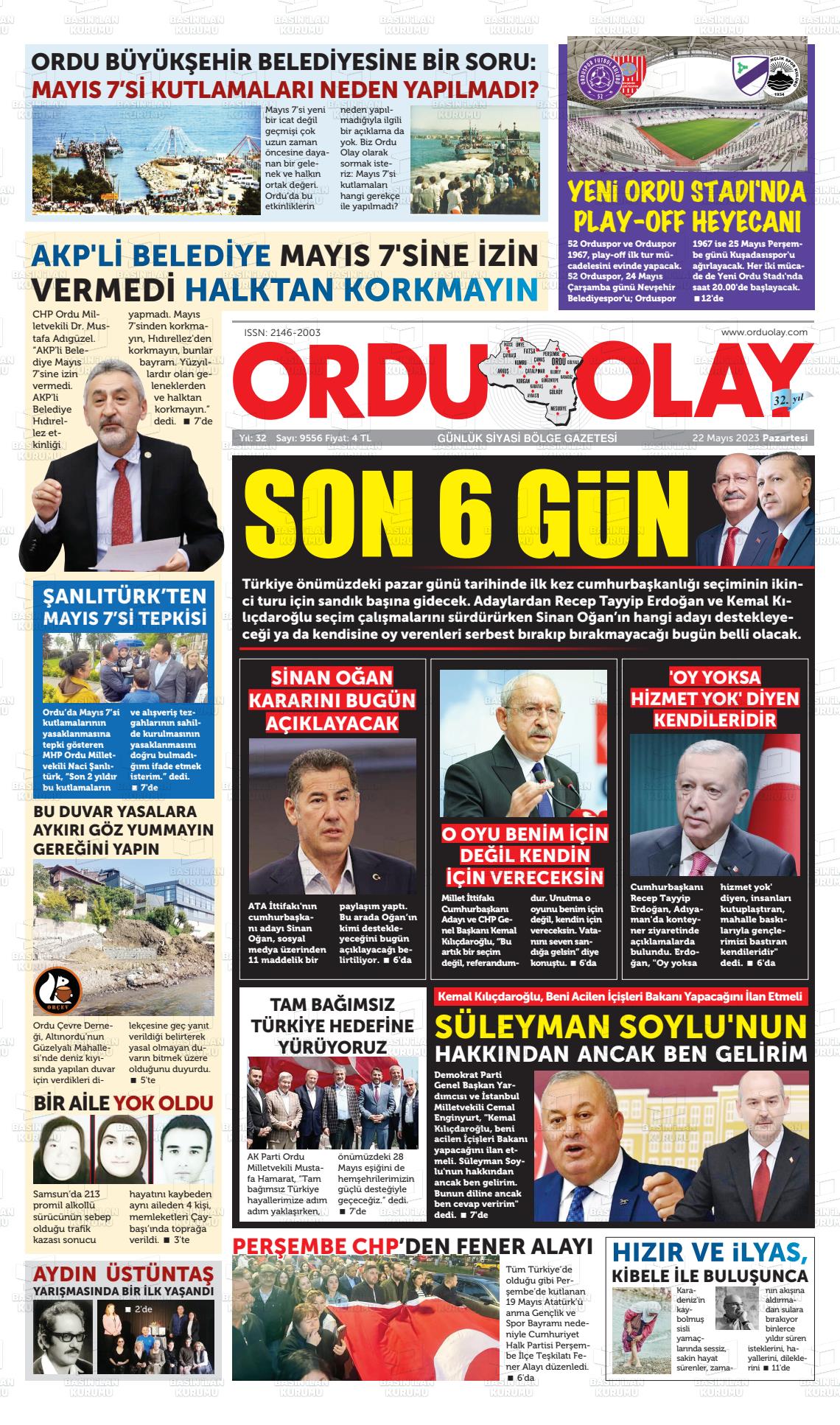 22 Mayıs 2023 Ordu Olay Gazete Manşeti