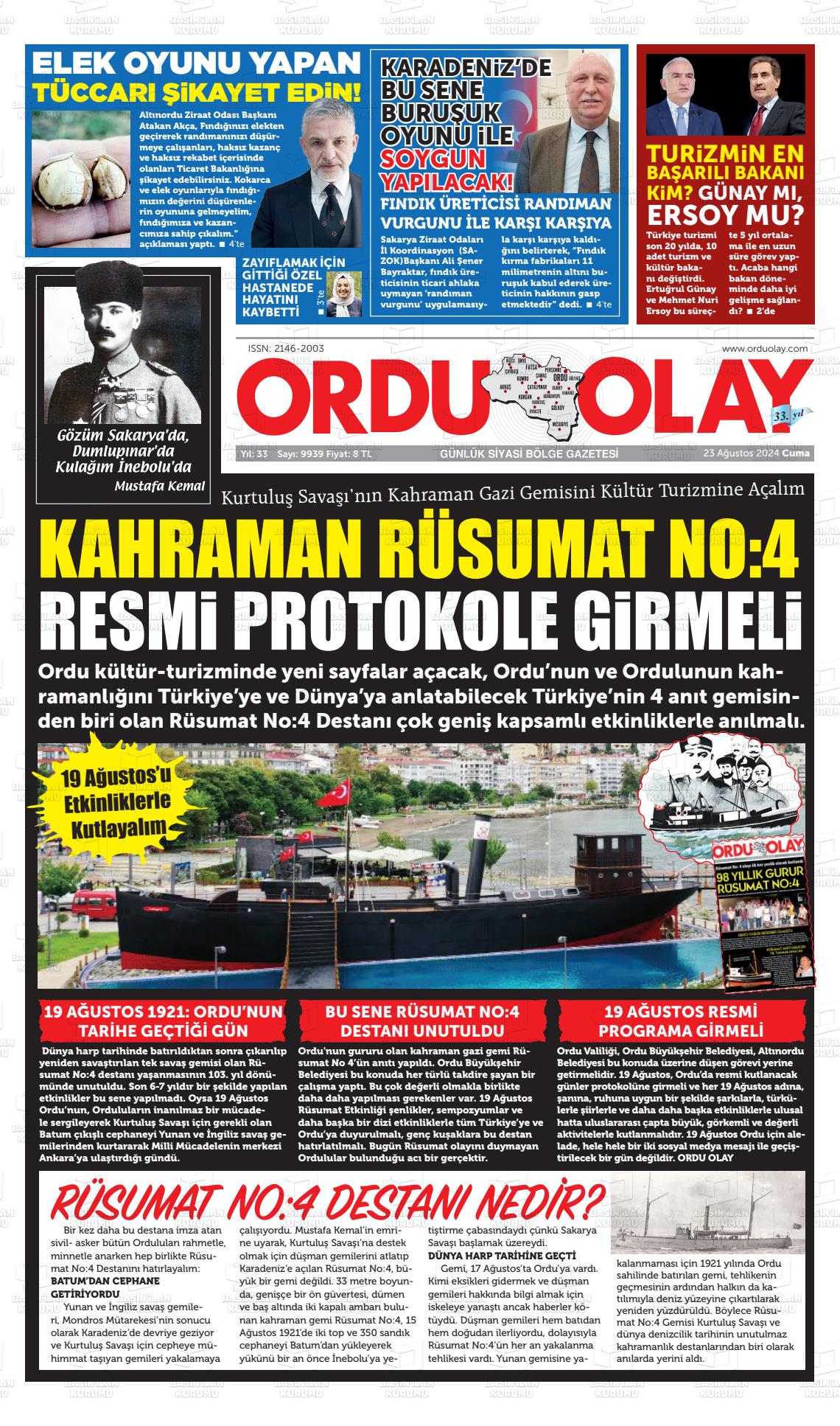 23 Ağustos 2024 Ordu Olay Gazete Manşeti