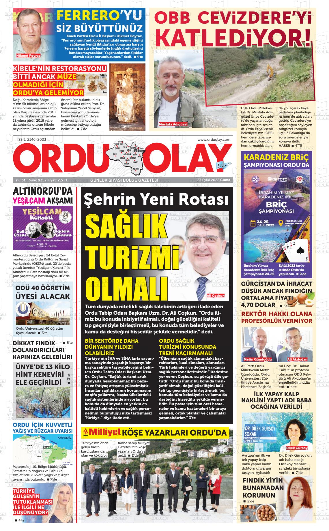 23 Eylül 2022 Ordu Olay Gazete Manşeti