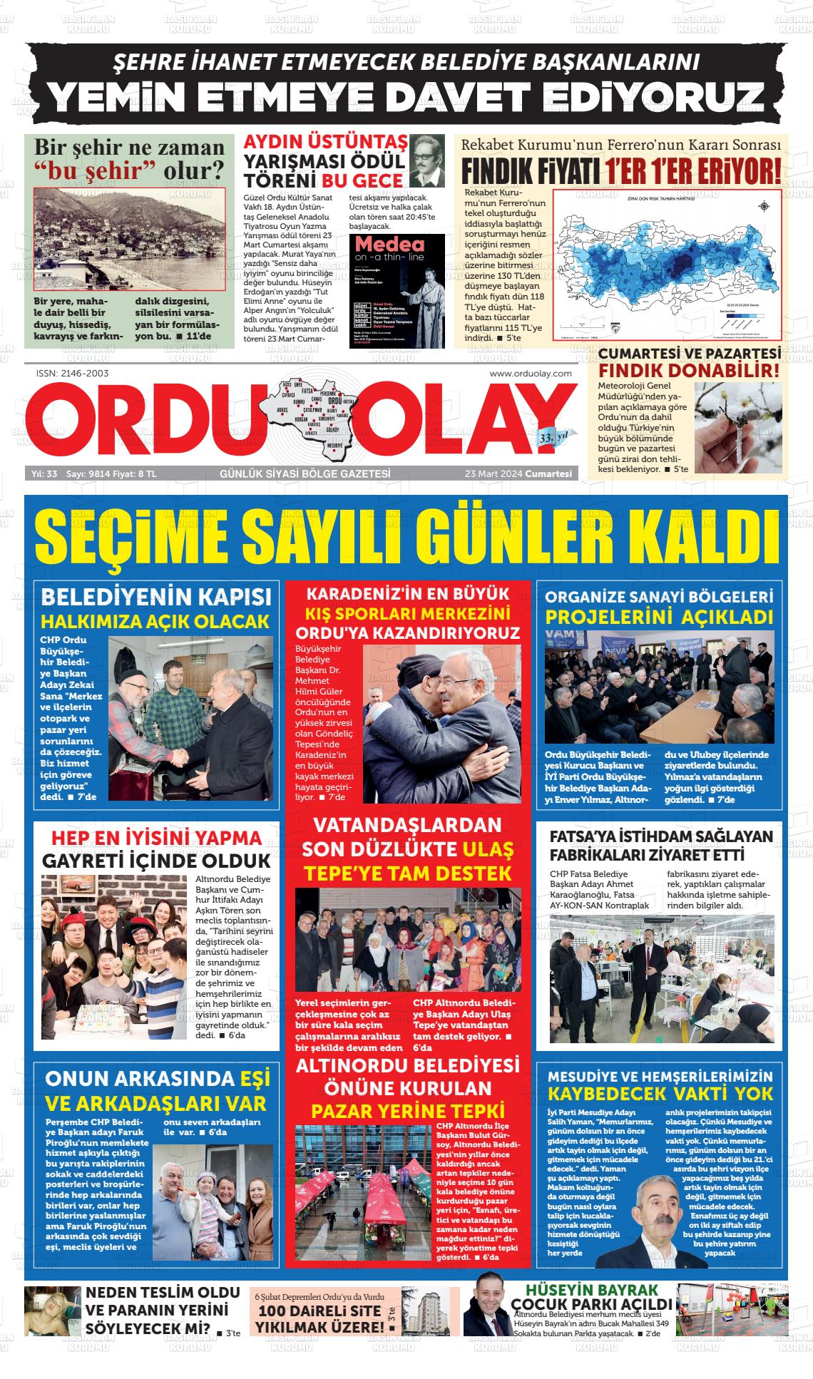 23 Mart 2024 Ordu Olay Gazete Manşeti