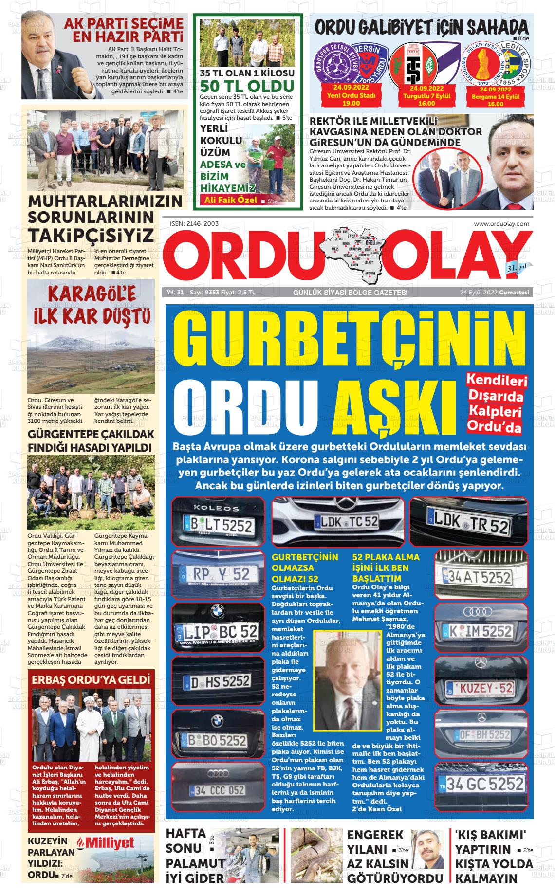 24 Eylül 2022 Ordu Olay Gazete Manşeti