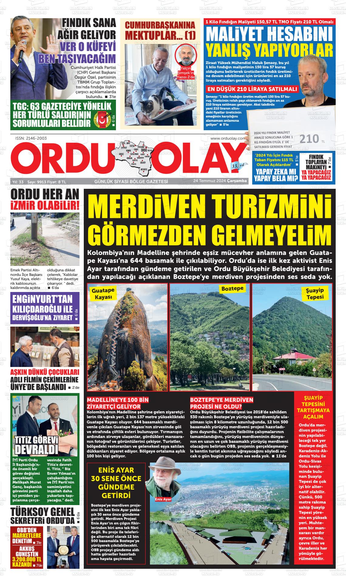 24 Temmuz 2024 Ordu Olay Gazete Manşeti