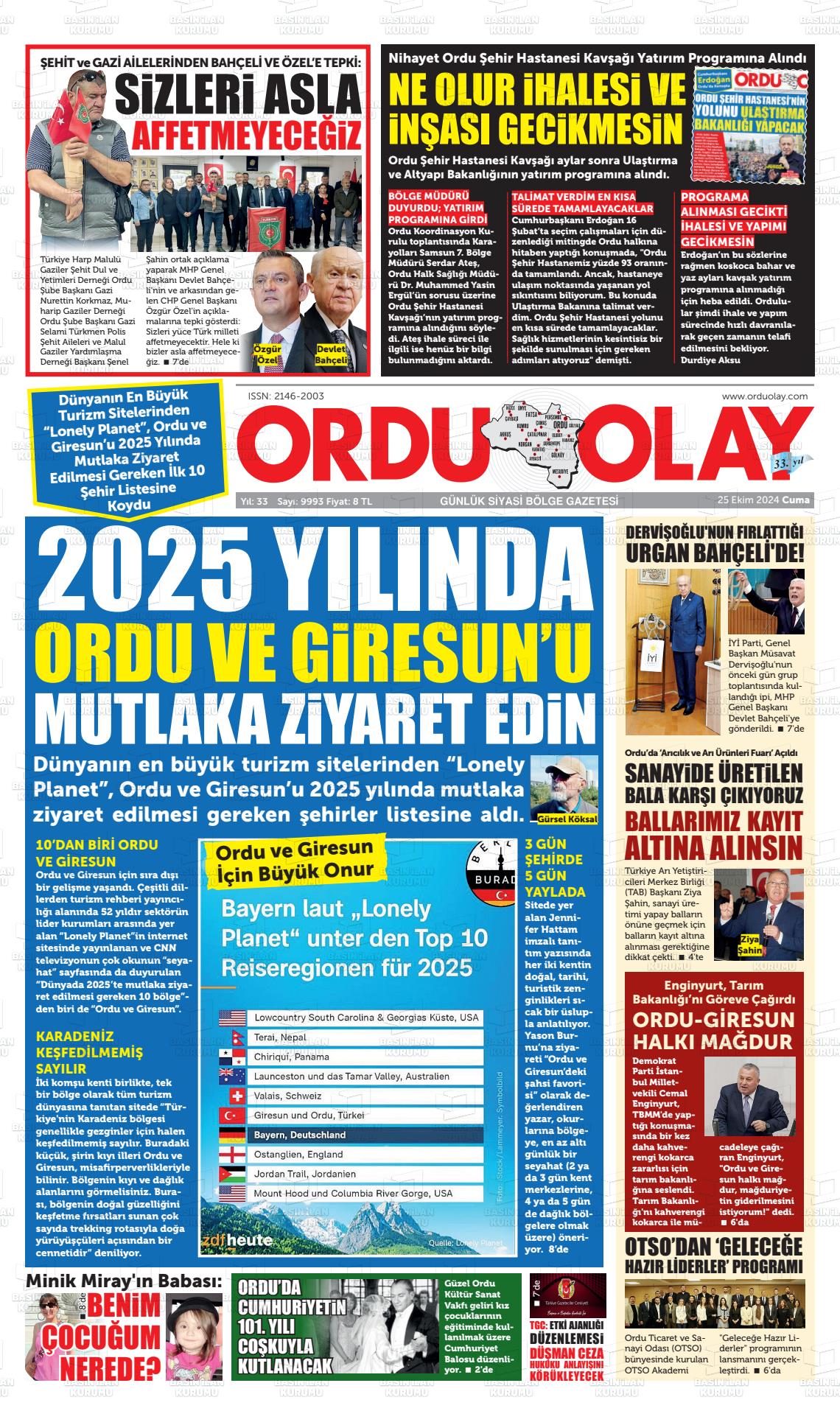 25 Ekim 2024 Ordu Olay Gazete Manşeti