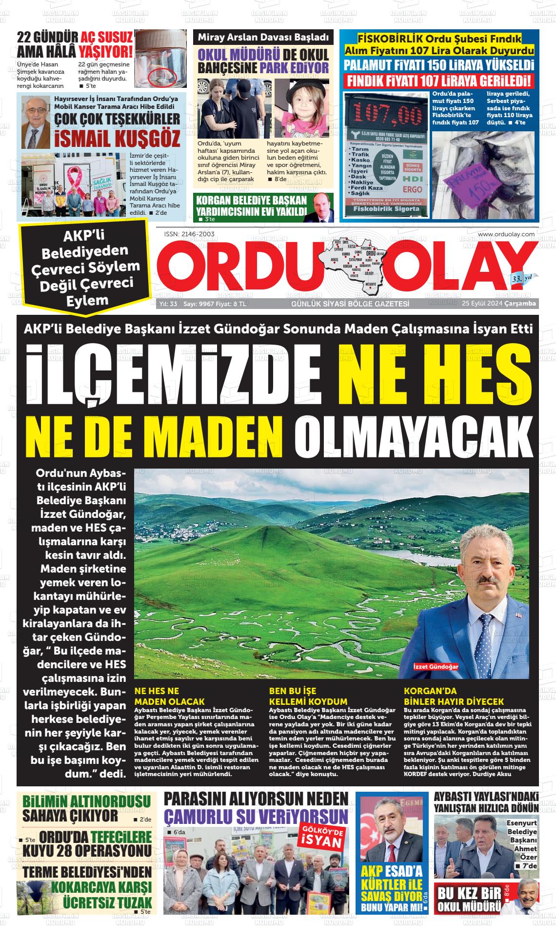 25 Eylül 2024 Ordu Olay Gazete Manşeti