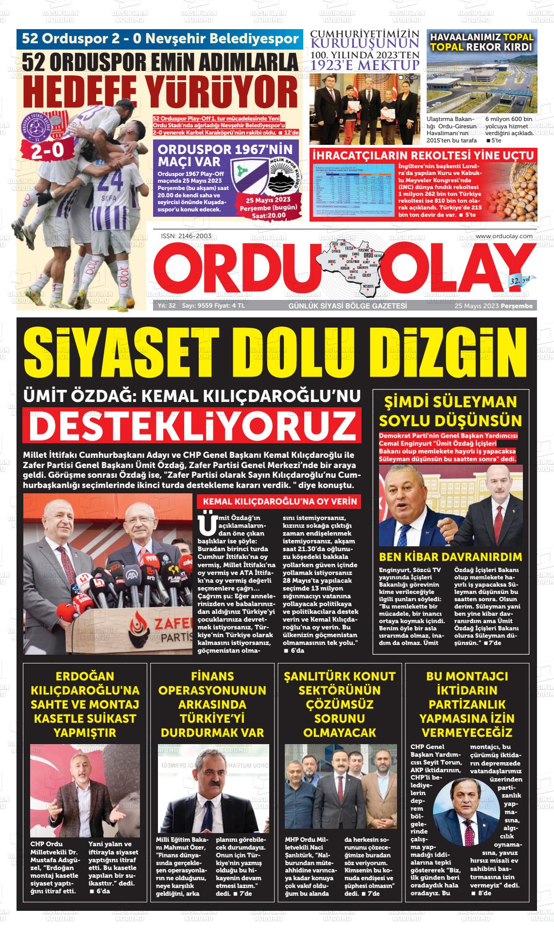 25 Mayıs 2023 Ordu Olay Gazete Manşeti