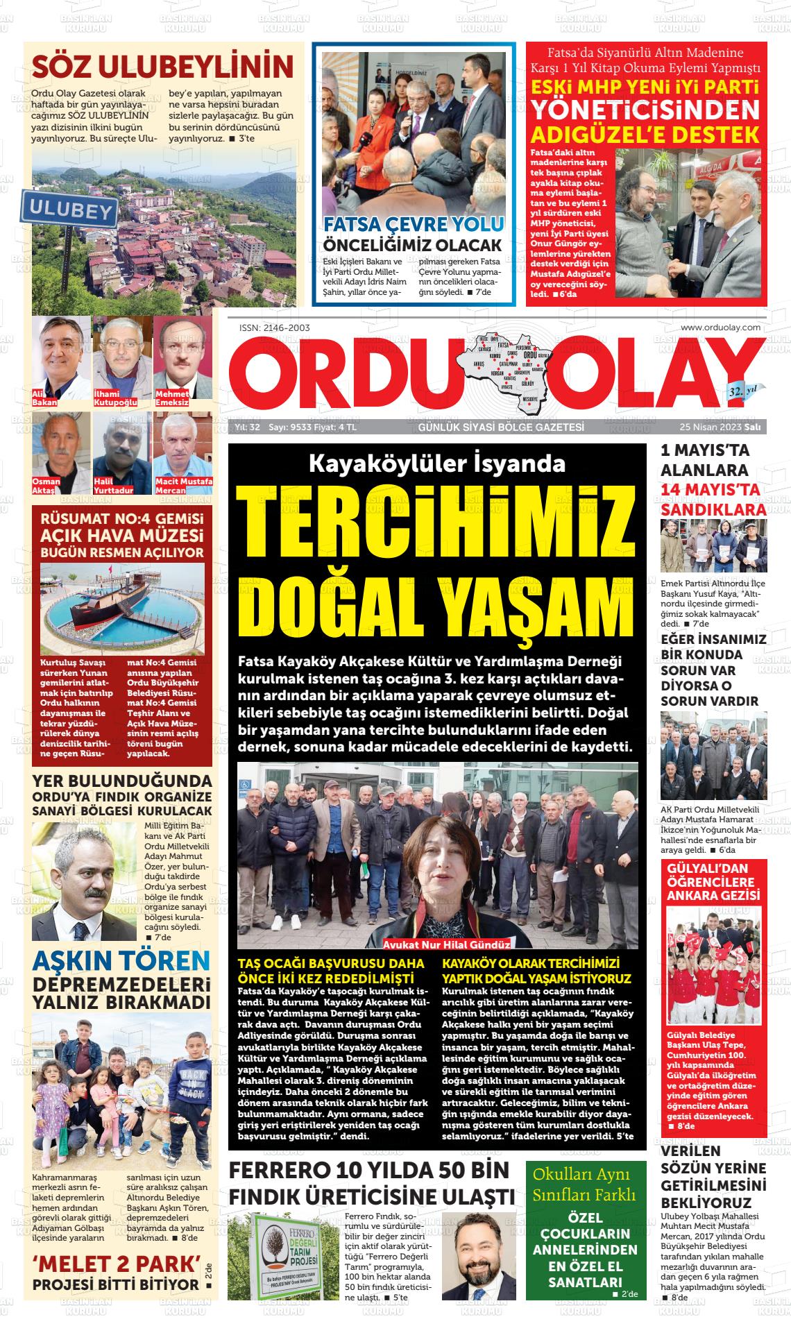 25 Nisan 2023 Ordu Olay Gazete Manşeti