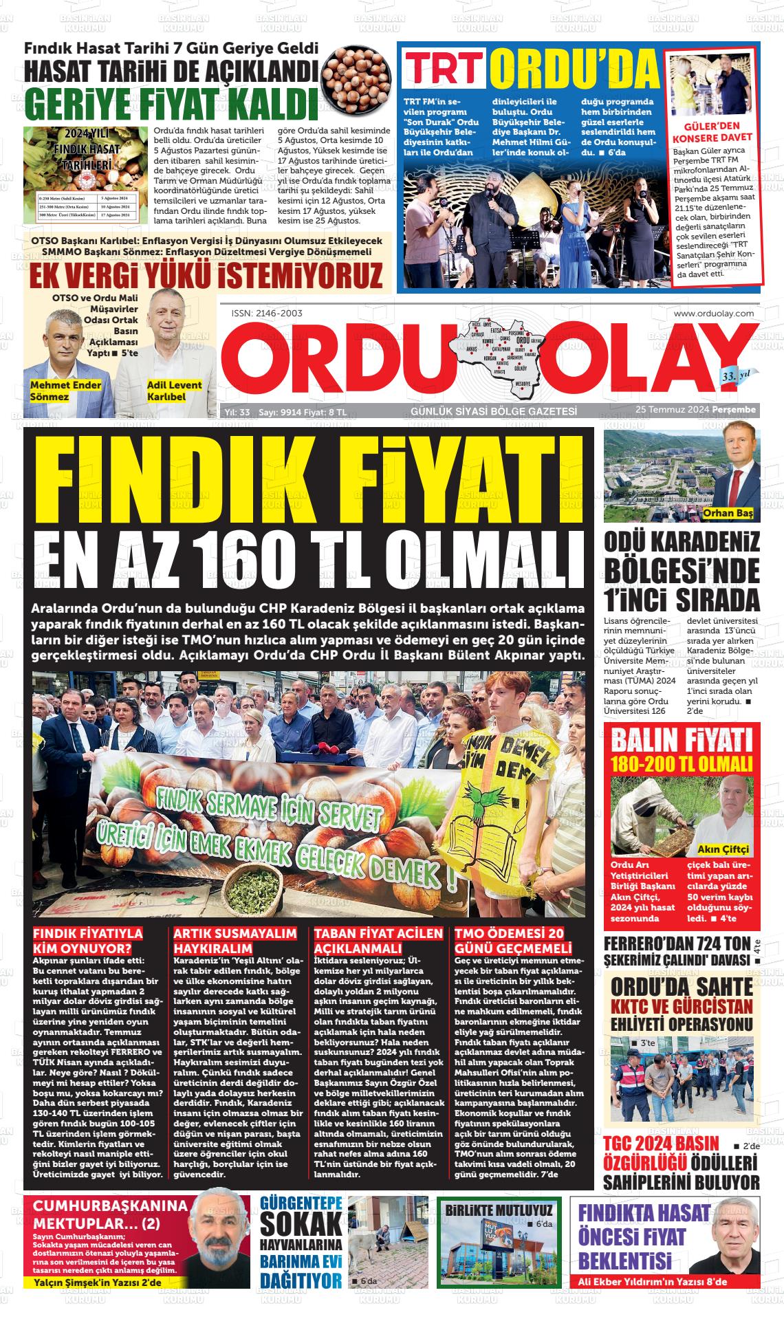 25 Temmuz 2024 Ordu Olay Gazete Manşeti