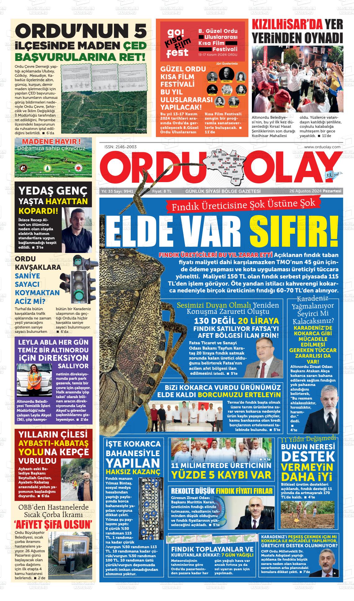 26 Ağustos 2024 Ordu Olay Gazete Manşeti