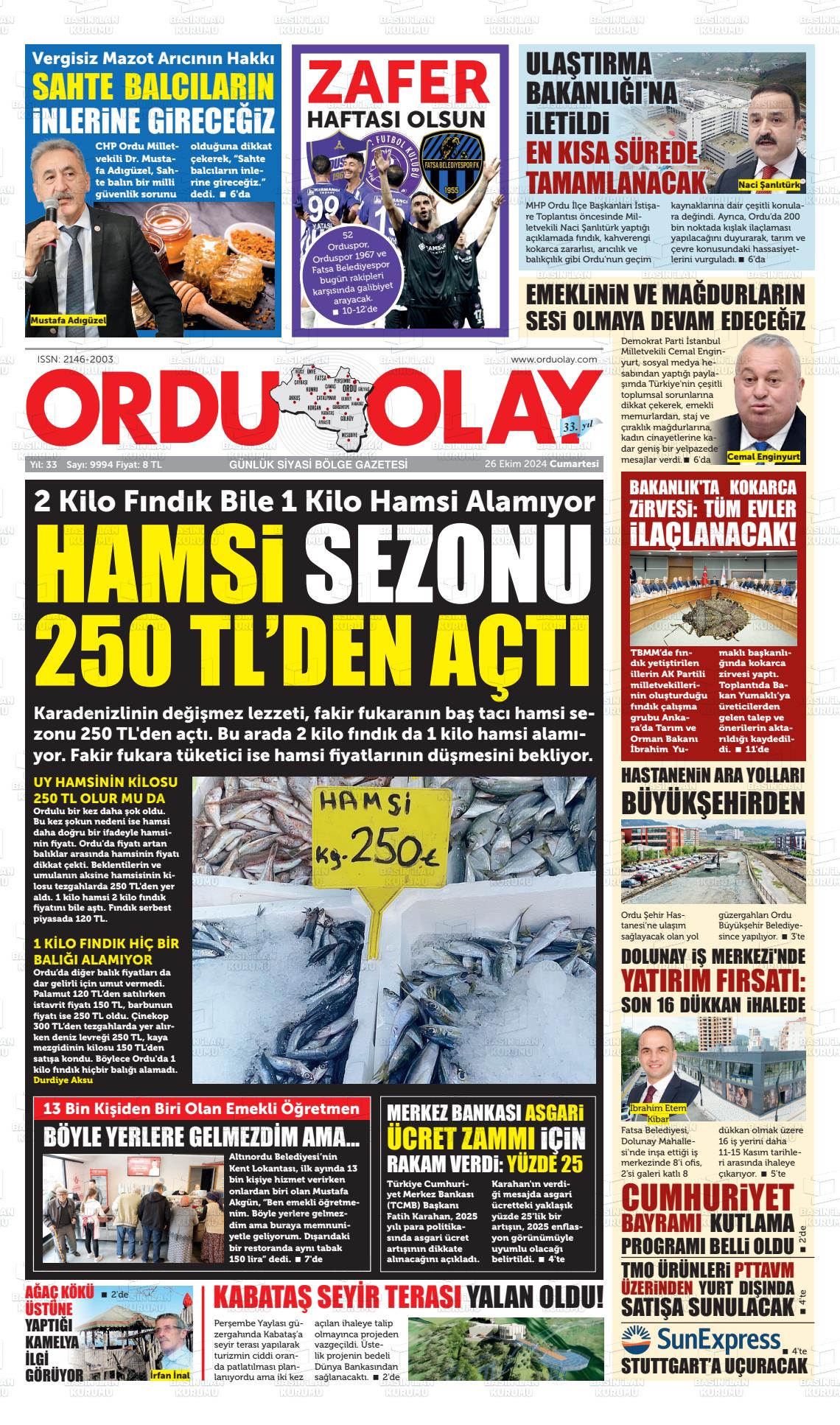 26 Ekim 2024 Ordu Olay Gazete Manşeti