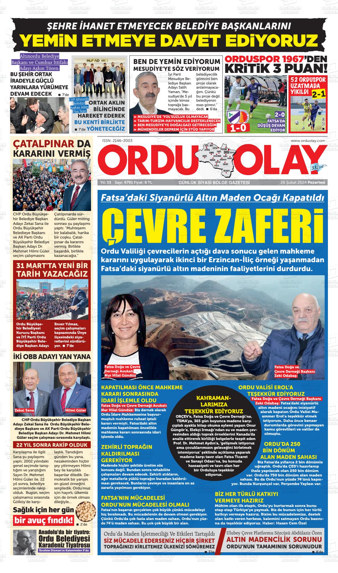 26 Şubat 2024 Ordu Olay Gazete Manşeti