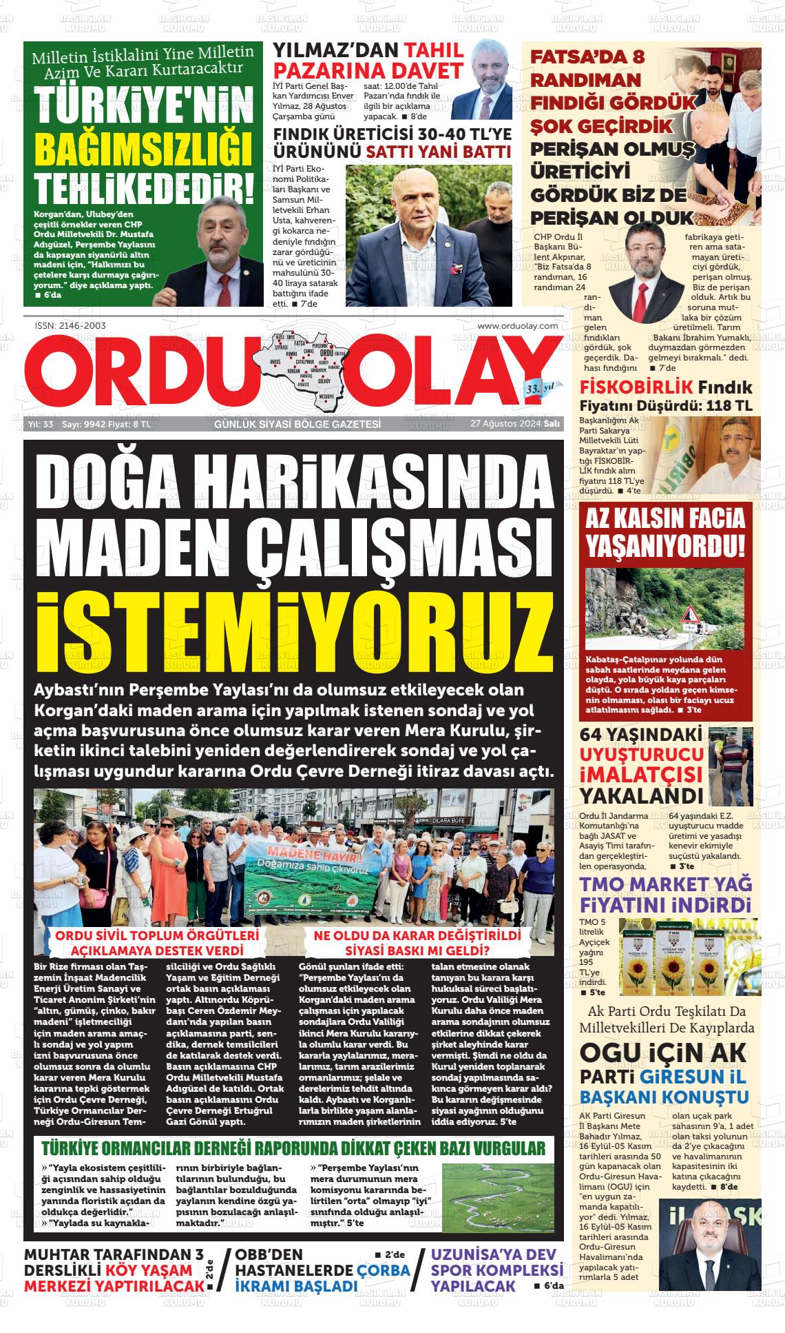 27 Ağustos 2024 Ordu Olay Gazete Manşeti