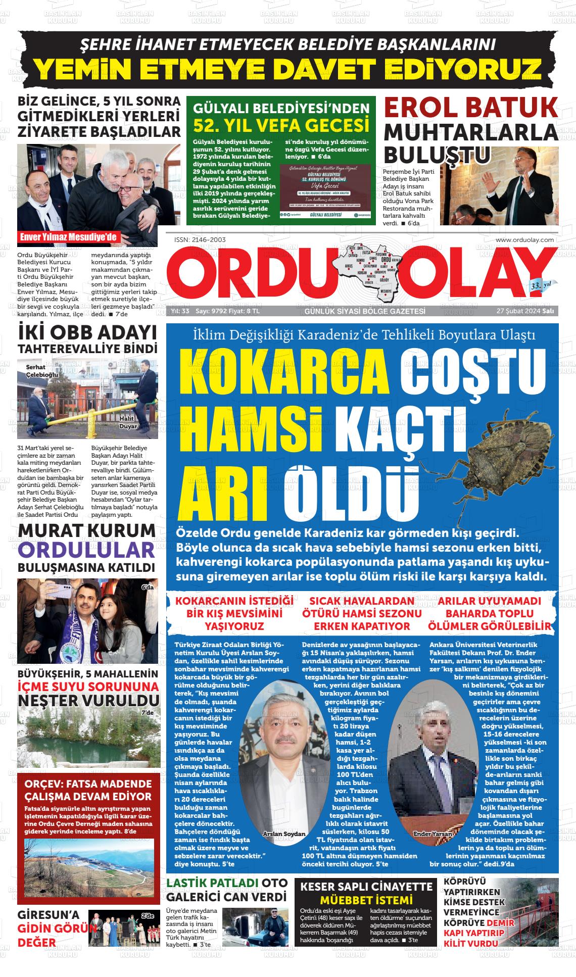 27 Şubat 2024 Ordu Olay Gazete Manşeti