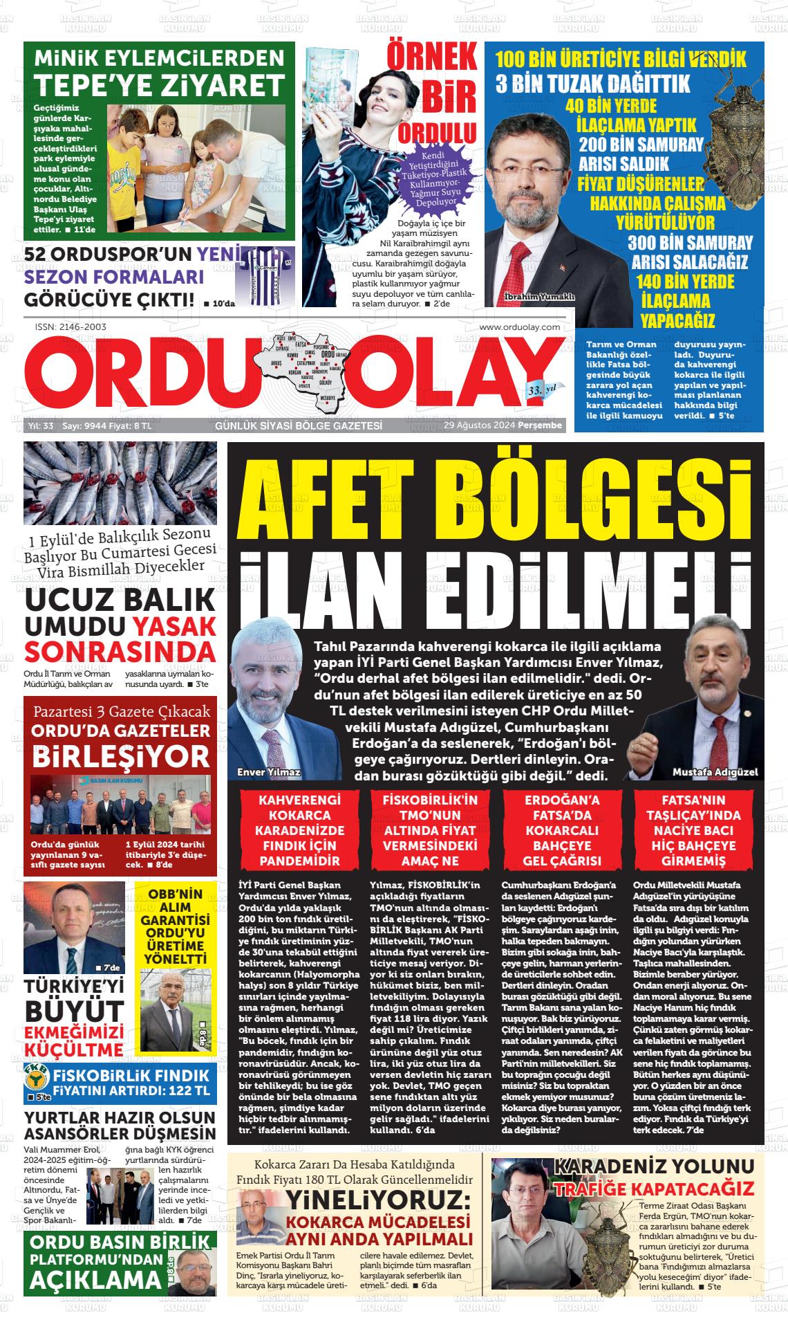 29 Ağustos 2024 Ordu Olay Gazete Manşeti