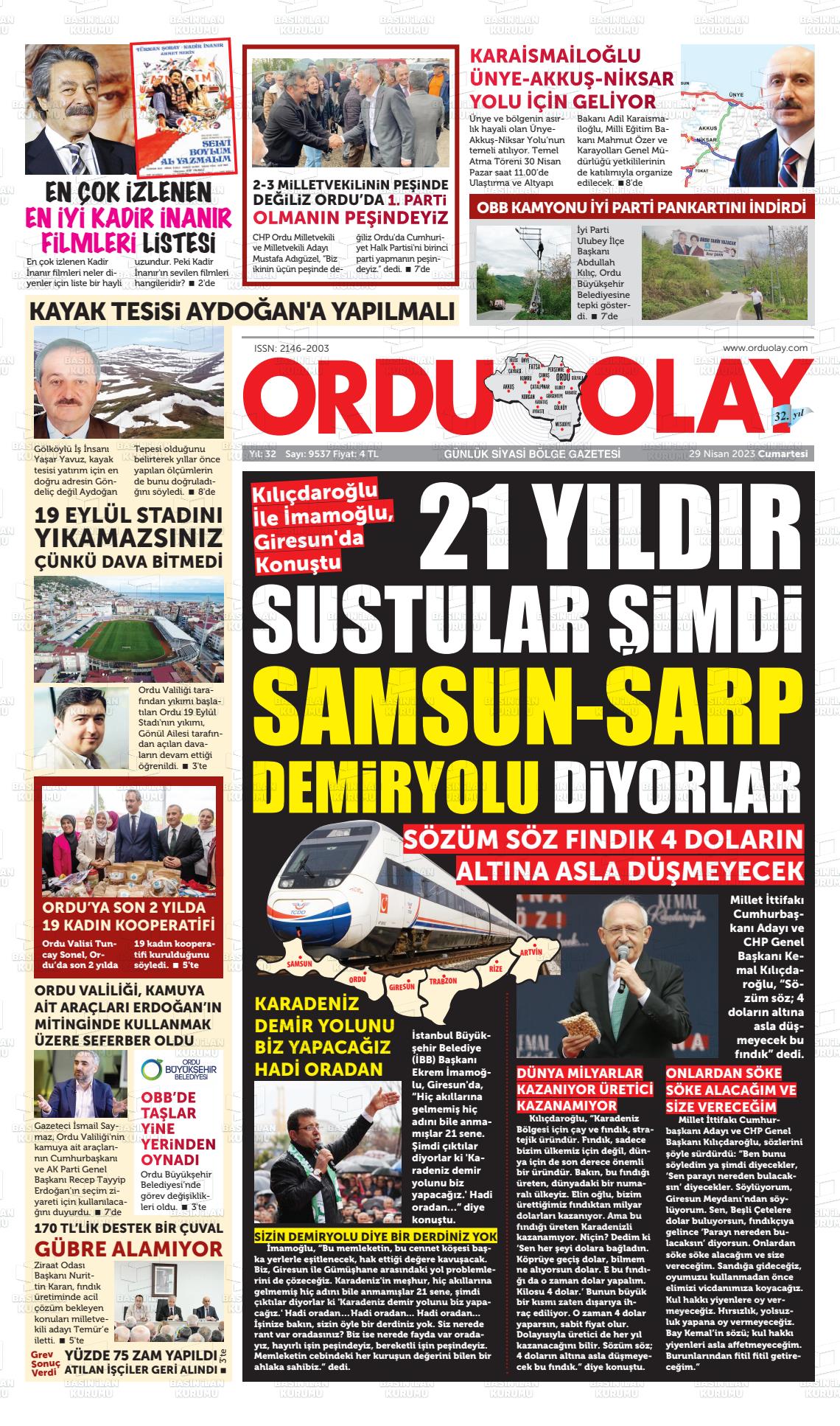 29 Nisan 2023 Ordu Olay Gazete Manşeti