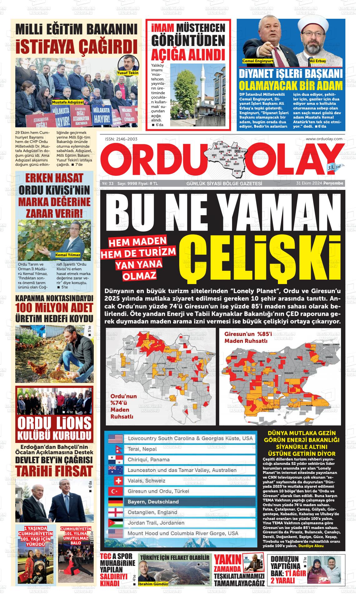 31 Ekim 2024 Ordu Olay Gazete Manşeti