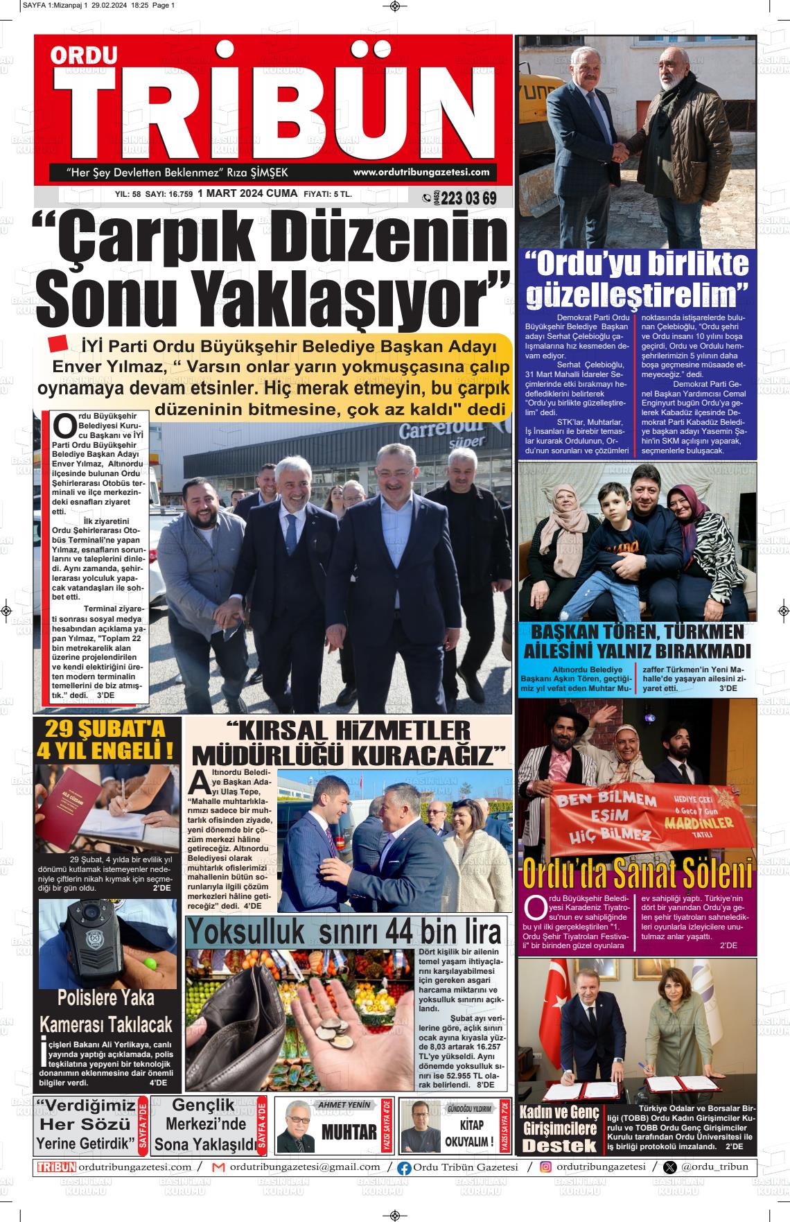 01 Mart 2024 Ordu Tribün Gazete Manşeti